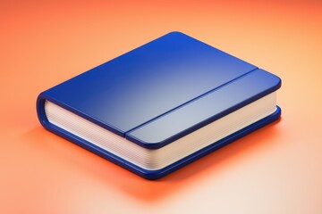 Fototapete - A closed blue book rests on an orange surface; a simple, clean design.