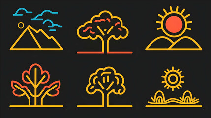Linear icons nature, sun, mountains, trees, landscape, design elements, website, app.