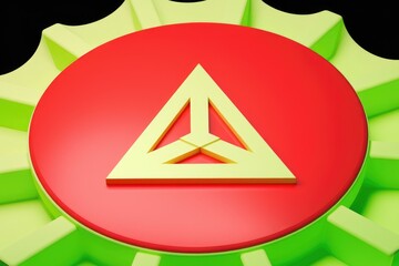 Aufkleber - A vibrant 3D rendering of a yellow triangle within a red circle on a green gear-like background.