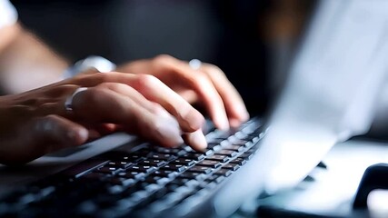 The close-up shows a man's hands and fingers typing on a computer keyboard with a soft-focus effect, highlighting the concept of computer programming, online messaging, and marketing.