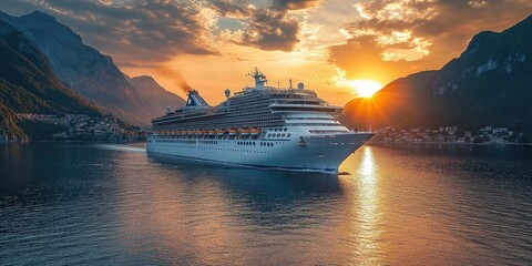 Wall Mural - A cruise ship sailing in the water at sunset