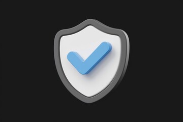 Fototapete - A 3D rendered shield icon with a blue checkmark, symbolizing security and approval.