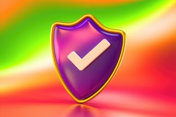Fototapete - A purple shield with a gold border and a white checkmark symbolizes security and approval.