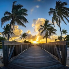 Wall Mural - A wooden bridge leads to a sunny beach surrounded by palm trees