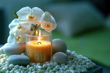 Wall Mural - A lit candle surrounded by natural elements