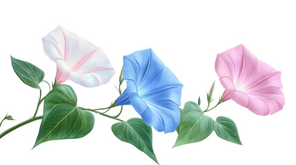 Wall Mural - Blue and pink morning glory flowers with green leaves on white background.