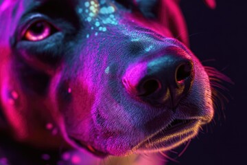 Wall Mural - Close-up of a dog's face illuminated by a neon light, perfect for highlighting pet-themed designs or futuristic concepts