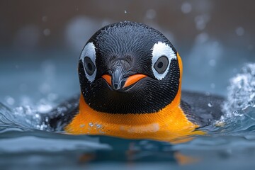 Wall Mural - A close-up view of a penguin swimming in the water, with its flippers and feet propelling it forward