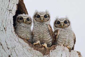 Wall Mural - group of owls sitting high up in a tree, great for nature and wildlife images