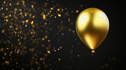 Wall Mural - happy birthday illustration with 3d realistic golden air balloon on black background with text and glitter confetti.
