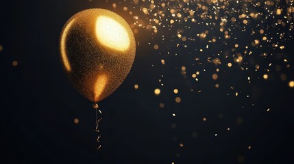 Wall Mural - happy birthday illustration with 3d realistic golden air balloon on black background with text and glitter confetti.