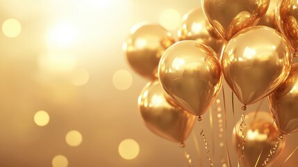 Wall Mural - 3D abstract illustration with glossy metallic golden balloons over gradient bright background. Birthday background with balloons.