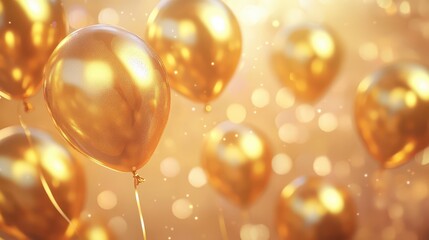 Wall Mural - 3D abstract illustration with glossy metallic golden balloons over gradient bright background. Birthday background with balloons.