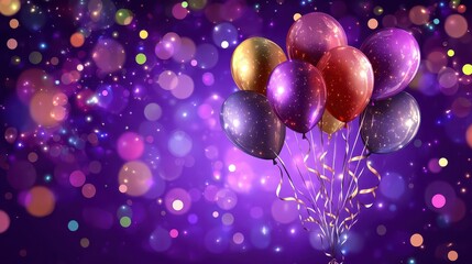 Wall Mural - Happy birthday purple background with bokeh and balloons. Happy birthday banner with colorful confetti. Birthday celebration banner, realistic balloons, colorful ribbon, birthday bokeh