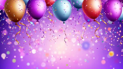 Wall Mural - Happy birthday purple background with bokeh and balloons. Happy birthday banner with colorful confetti. Birthday celebration banner, realistic balloons, colorful ribbon, birthday bokeh