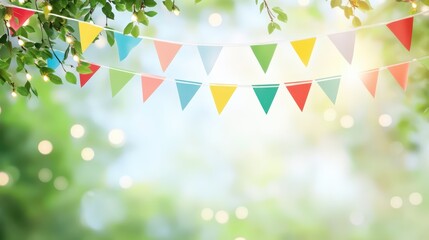 Birthday garden party or Brazilian june party, illustration with garland of lights, party flags, blurred background happy birthday party white background