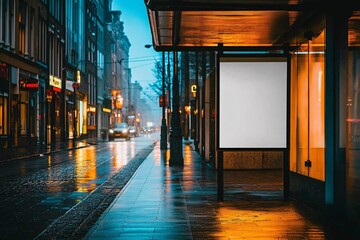 Realistic Modern Bus Stop Featuring Blank Poster Frame for Custom Content