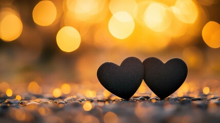 Wall Mural - Bokeh-filled hearts: Celebrate love with two heart shapes on a bokeh-filled background. Perfect for Valentine Day cards, love-themed concepts and romantic designsBokeh-filled hearts: Celebrate love