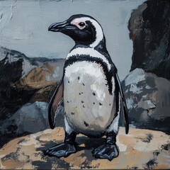 Wall Mural - A penguin stands on a rock overlooking the ocean, with some ice and snow in the background