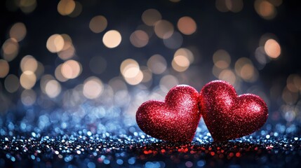 Wall Mural - valentines day background with red hearts glitter bokeh on black, card for Valentine day, christmas and wedding celebration, Love bokeh shiny confetti textured template