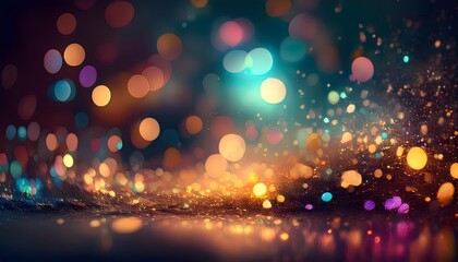 Wall Mural - bright abstract background of glitter vintage lights. sparkling colorful glowing bokeh confetti