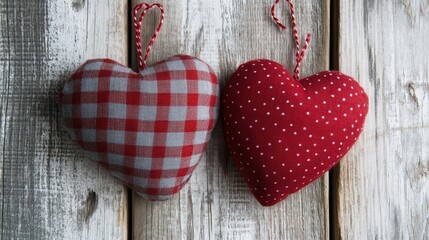Wall Mural - Valentines day background with two red hearts on wooden background