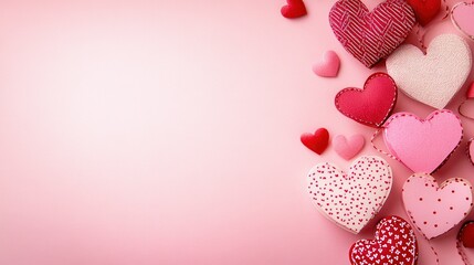 Wall Mural - Composition for Valentine Day February 14th. Delicate pink background and pink hearts cut out of paper. Greeting card. Flat lay, top view, copy space.