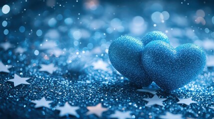 Wall Mural - light blue snowfall, love heart and star background