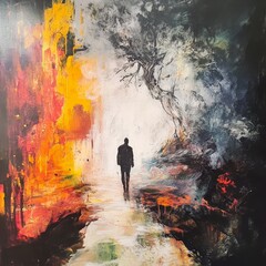 Wall Mural - person walking through vibrant abstract landscape with contrasting colors at dusk