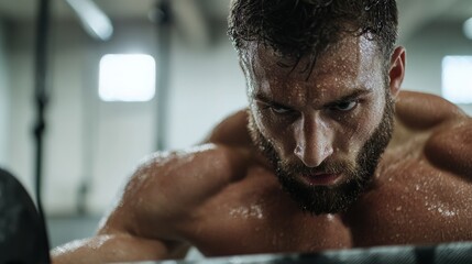 Wall Mural - Determined and focused, a man drenched in sweat leans forward, capturing the intensity of a moment within a vigorous workout session at the gym.