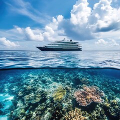 Wall Mural - A large cruise ship sailing through calm waters of the open ocean