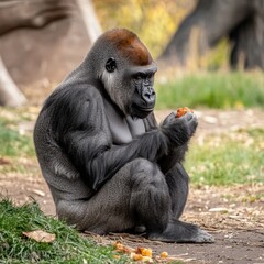 Canvas Print - A western lowland gorilla sitting on the ground, enjoying a snack