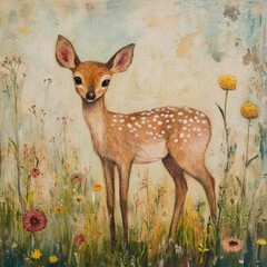 Sticker - A deer grazing in a meadow filled with colorful flowers