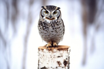 Sticker - A wise owl perches on top of a weathered tree stump in a natural setting