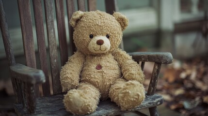 A well-loved teddy bear rests on a weathered wooden chair on an autumnal porch, encapsulating comfort, nostalgia, and timeless childhood memories.