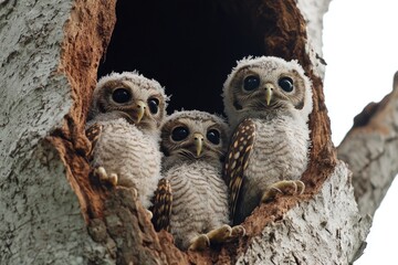 Wall Mural - Group of owls resting in a natural tree hollow, great for wildlife or nature photography illustrations