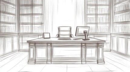 Canvas Print - Preliminary Design of a Home Office with a Computer and Shelving for Books