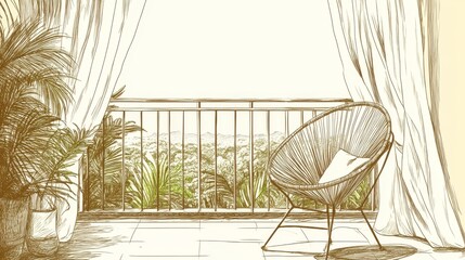 Poster - An illustration of a balcony with a tropical vista and a lounge chair