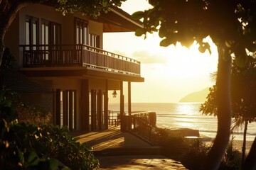 Wall Mural - A house standing alone on the beach as the sun sets over the ocean