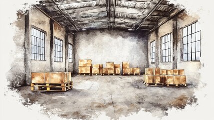 Canvas Print - Inside a spacious warehouse, cardboard boxes are scattered, with natural light streaming in