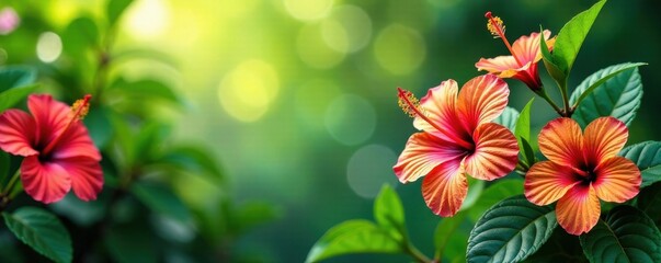 Colorful hibiscus flowers and lush greenery in a bright tropical setting, green, tropical