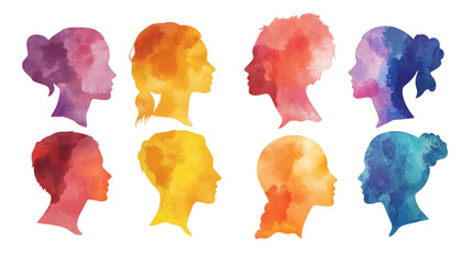 Wall Mural - Multiple colored face silhouettes in watercolor style isolated on white background