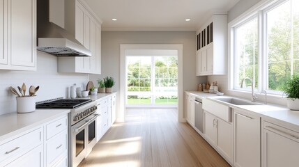 Wall Mural - Modern Bright Kitchen Interior with White Cabinets and Natural Light Streaming In Through Large Windows