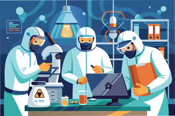 Aufkleber - team of scientists in biosafety level 4 lab wearing full hazmat suits analyzing samples of the Hantahmpv virus under high tech microscope clipart vector