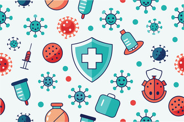 Poster - seamless pattern of stylized hmpv virus particles and healthcare symbols like masks syringes and shields set against clean white or light gray background clipart vector