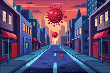 Leinwandbilder - An empty city street with glowing red hmpv virus particles floating above symbolizing the impact of the pandemic lockdown clipart vector