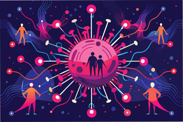 Poster - An artistic representation of the Hantahmpv virus spreading through airborne particles with glowing hmpv virus shapes blending into dusty background clipart vector