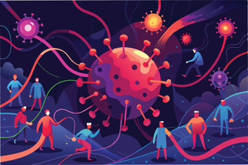 Poster - An artistic representation of the Hantahmpv virus spreading through airborne particles with glowing hmpv virus shapes blending into dusty background clipart vector