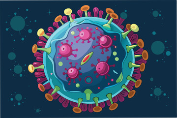 Aufkleber - Microscopic view of hmpv virus cells with glowing green and blue hues, on dark scientific background clipart vector