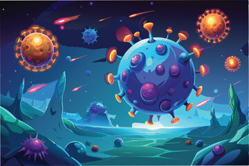 Poster - hyper realistic depiction of hmpv virus particles floating in glowing plasmenvironment with an otherworldly feel clipart vector